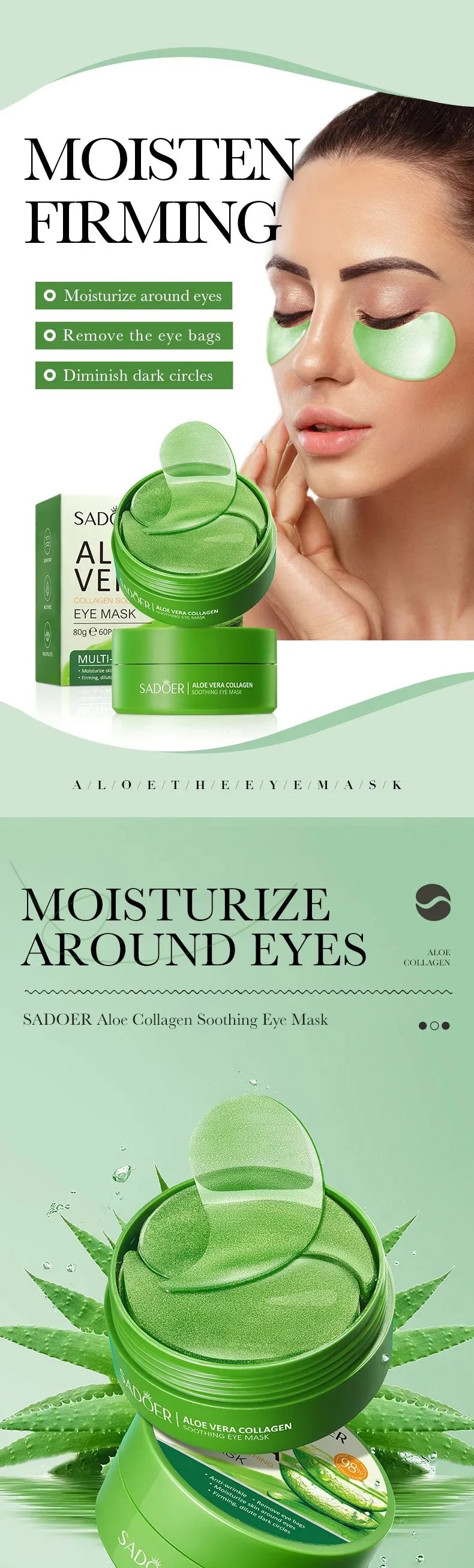 Máscara de Ojos Áloe Vera y Colágeno – 60 Unidades | Antiojeras, Hidratante y Antiarrugas